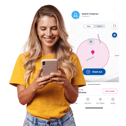 A woman using Blip clocking in app to clock in and out of her retail shift