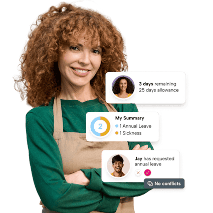 A retail worker with images of the UI of BrightHR's award winning HR software