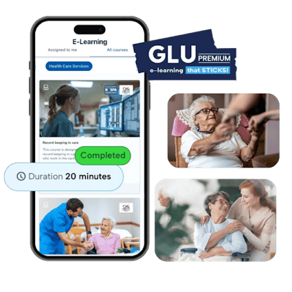 Healthcare e-learning courses for employers and employees A mobile phone displaying the care sector e-learning courses available with BrightLearn from BrightHR