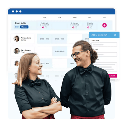 Two barista's smiling at eachother. Behind them is a snippet of BrightHR's schedule calendar view.