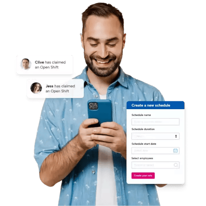 A manager looking down at their phone smiling. Surrounding them are snippets of BrightHR's scheduling software.