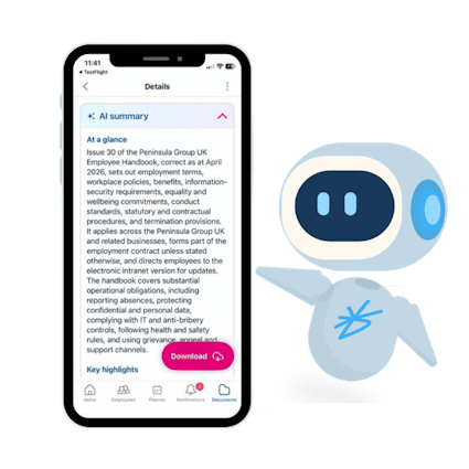 A mobile phone device displays the AI technology used to generate an AI summary of an HR document in BrightHR