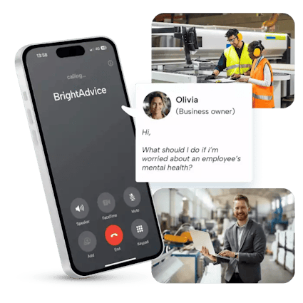 Irish HR support for manufacturers A mobile phone displaying the BrightAdvice helpline next to images of workers in the manufacturing industry