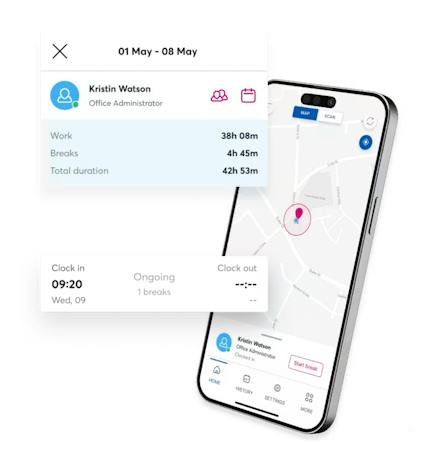 Time tracking and management with a clocking in and out app from BrightHR The image shows the Blip clocking in app on a mobile device