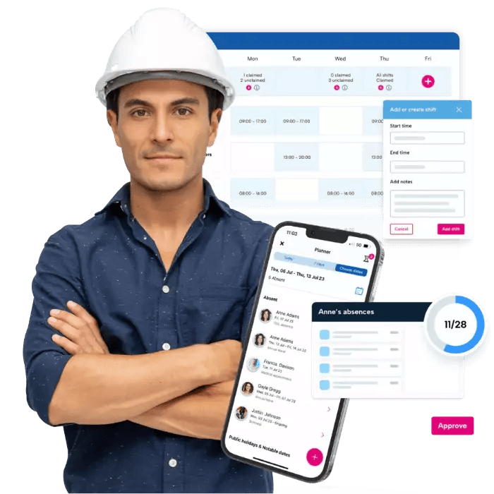 BrightHR's HR software displayed alongside an image of a manufacturer