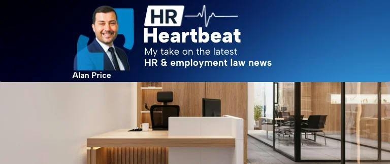 An image of an office with a photograph of BrightHR CEO Alan Price above it and the words HR Heartbeat my take on the latest HR and employment law news