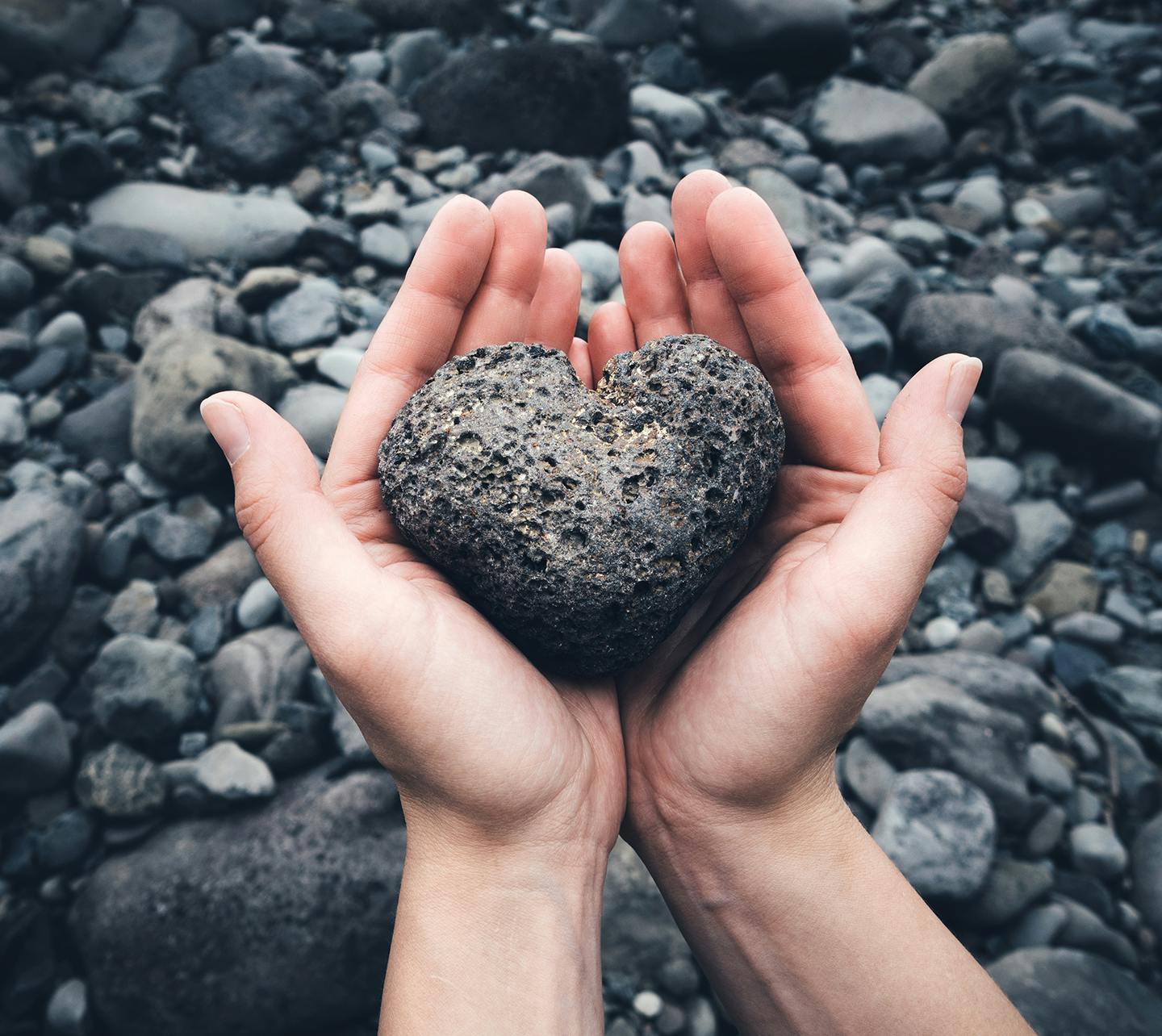Hands holding a rock in the shape of a heart.