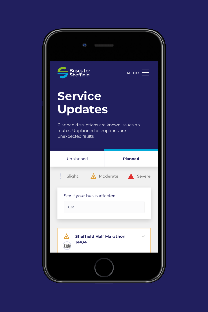 Buses for Sheffield - mobile disruption page design