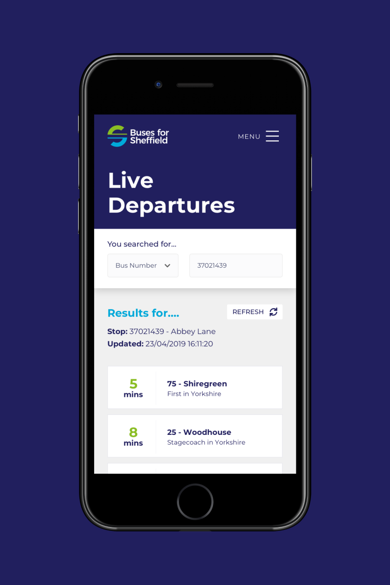 Buses for Sheffield - mobile live departures design