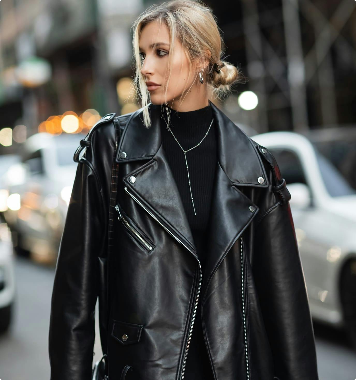 woman in leather jacket