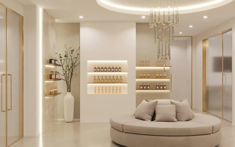 Elegant beige spa reception with round sofa, backlit shelves of bottles, glass chandelier, and gold-framed doors