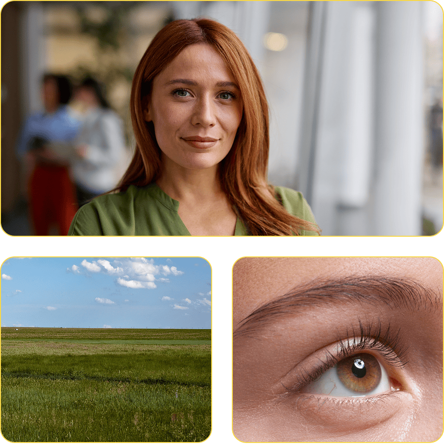 Woman smiling | Grass field | A brown eye