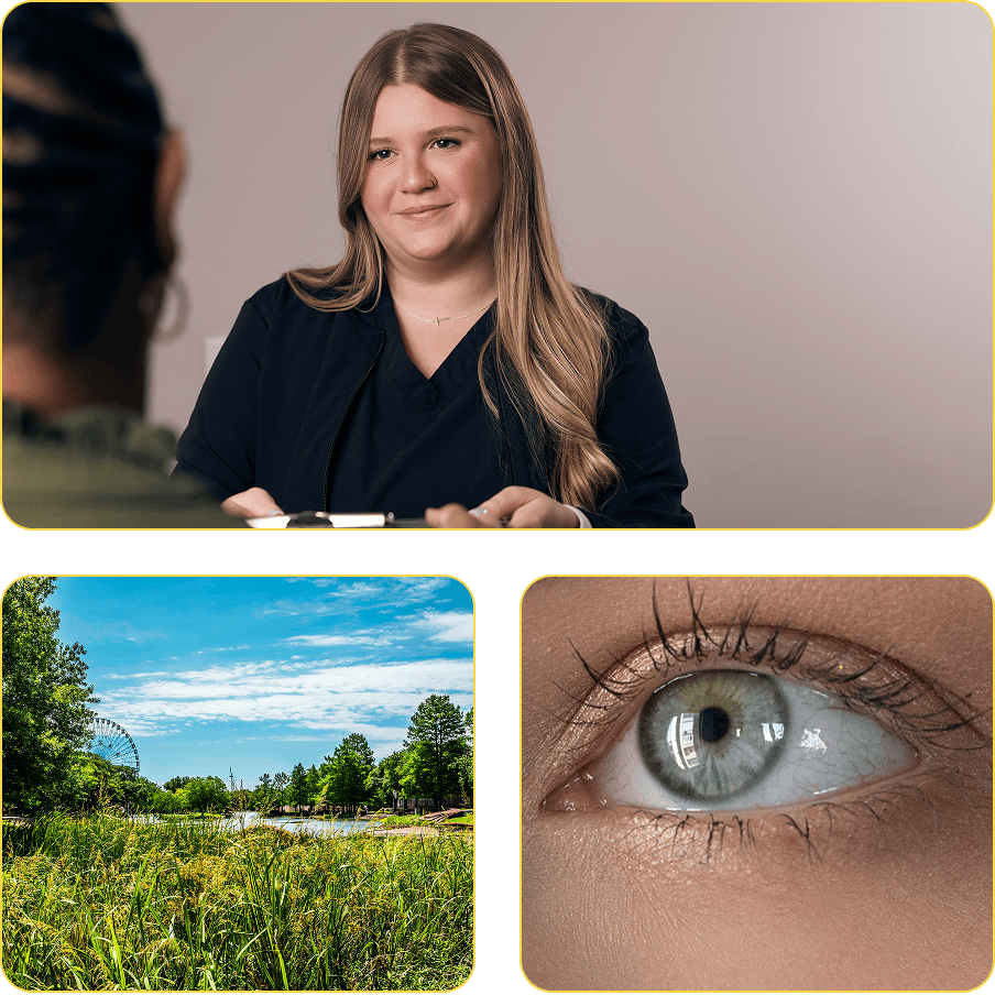 Woman smiling | Grassy field | An eye