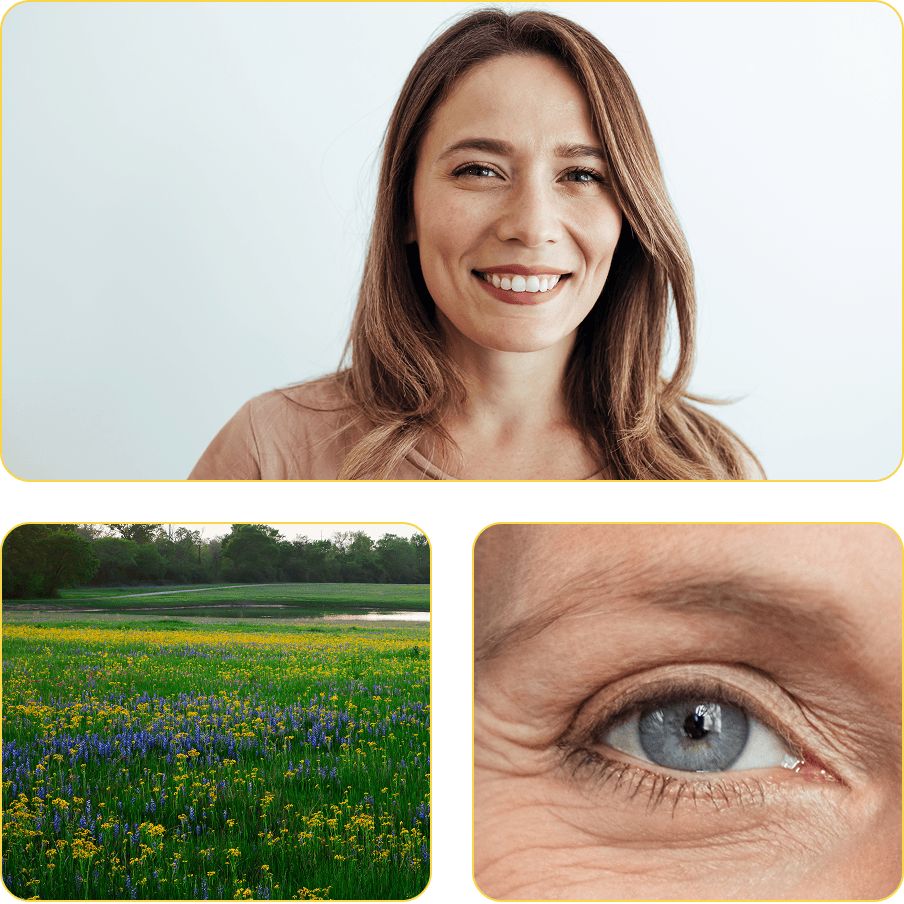 Woman smiling | Crassy field | A blue eye