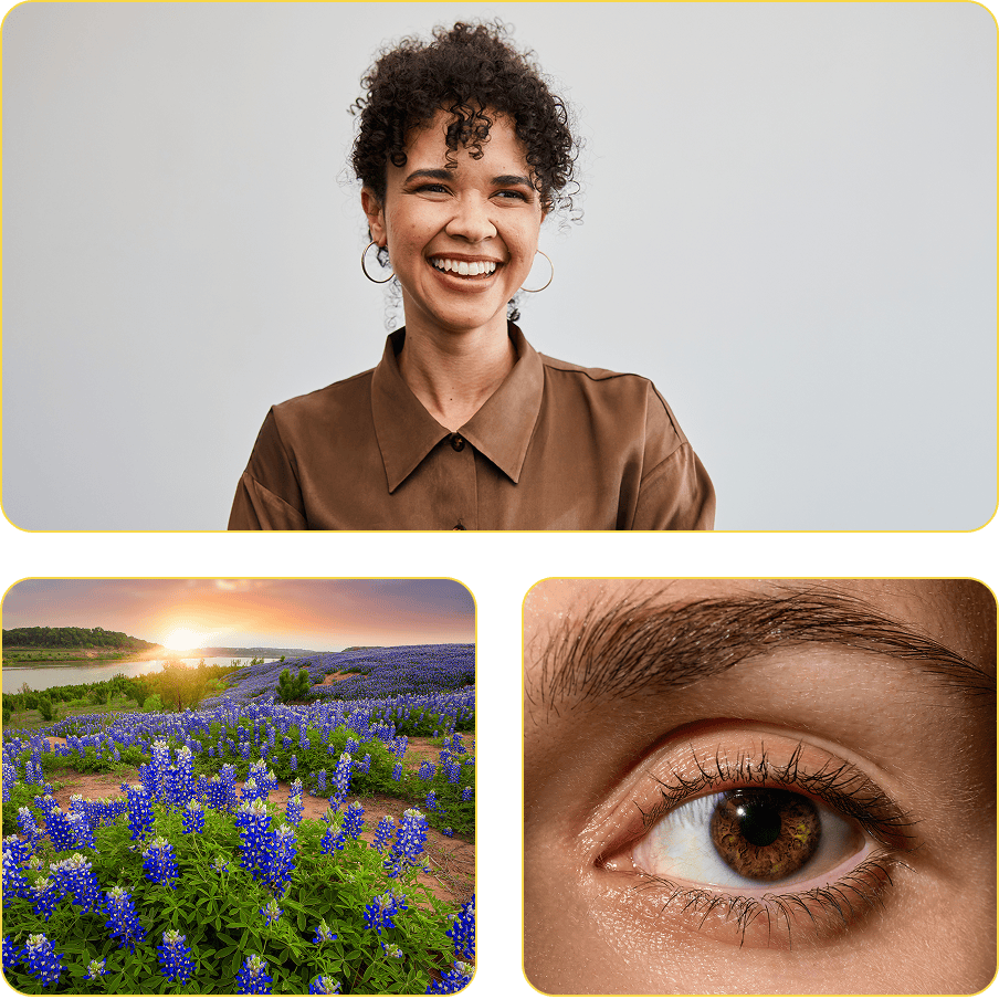 Woman smiling | Purple flowers | A brown eye