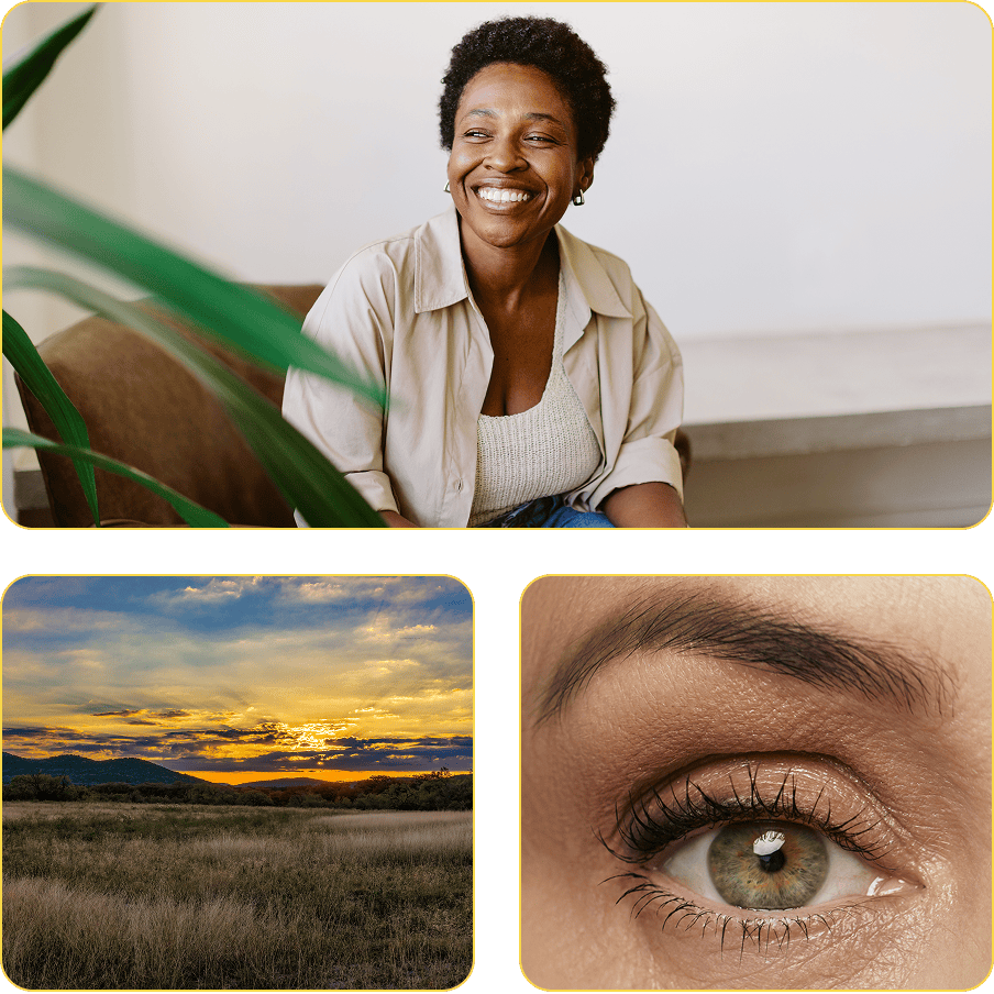 woman smiling | sunset | close up of an eye