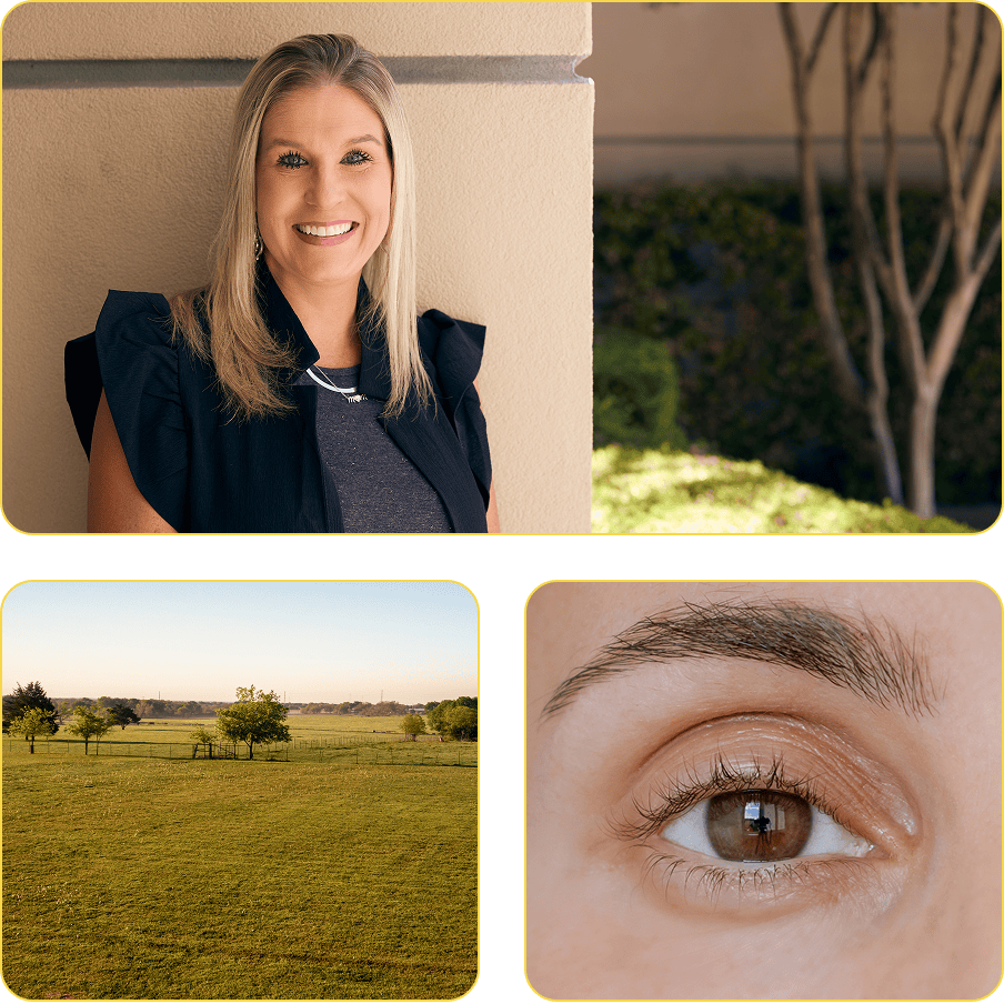 Woman smiling | a field | an eye
