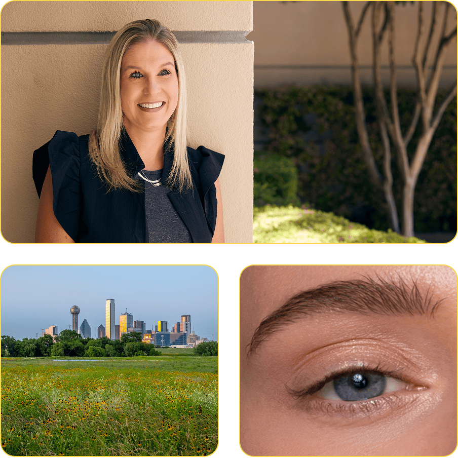woman smiling | city in the distance | close up of a person's eye