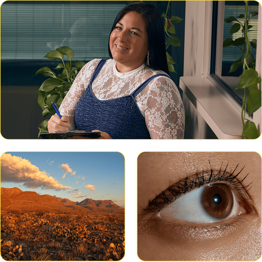 Woman smiling | Mountains | A brown eye