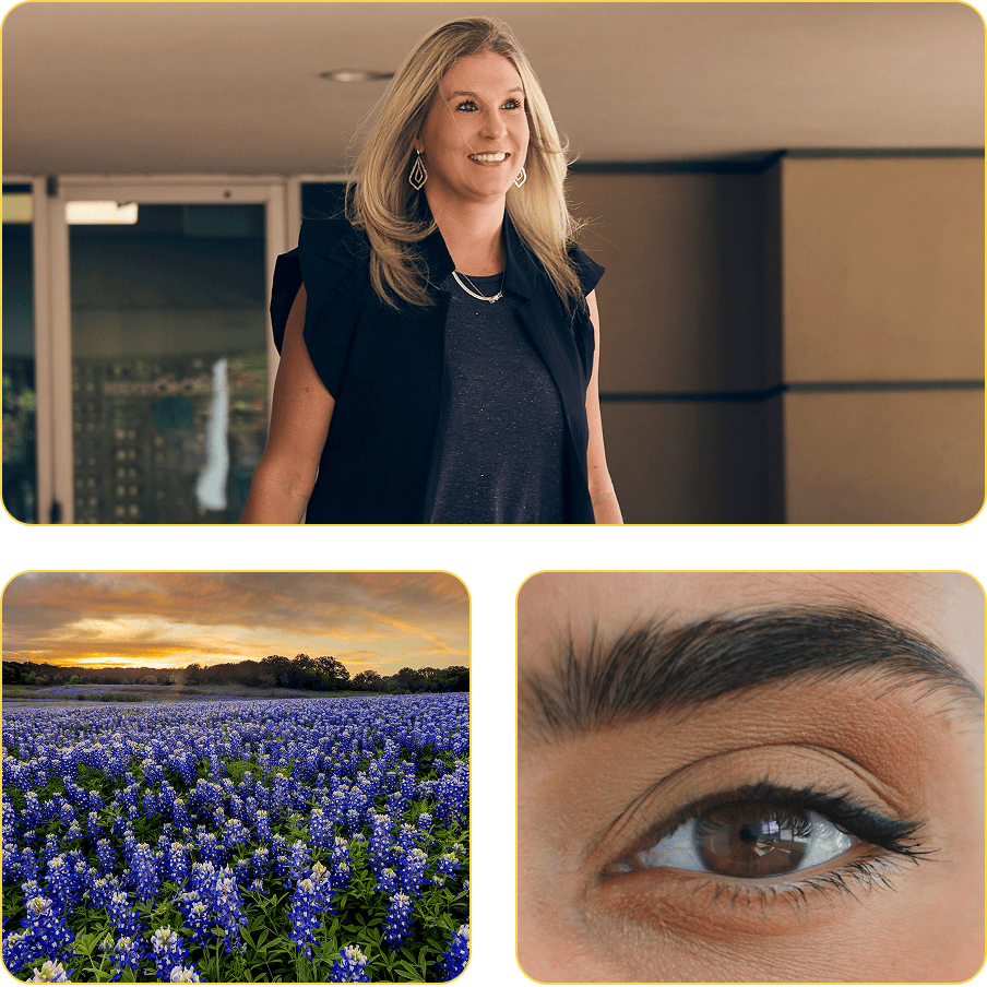 Woman smiling | Purple flowers | An eye