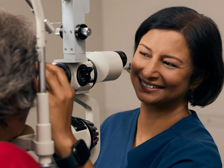 woman and doctor during eye exam
