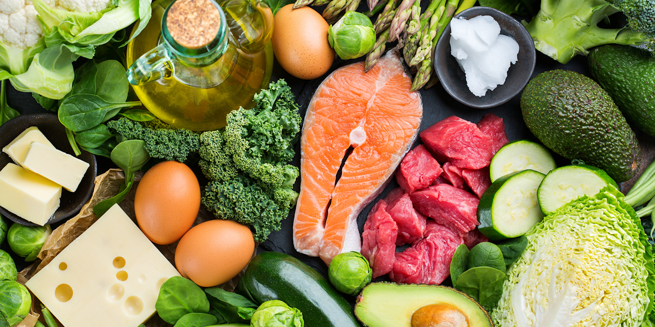 Ketogenic diet Assortment of ketogenic ingredients, such as green vegetables, meat, salmon, cheese and eggs.