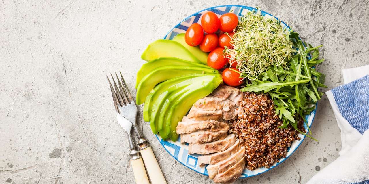 Plate with a balanced meal on the kitchen counter