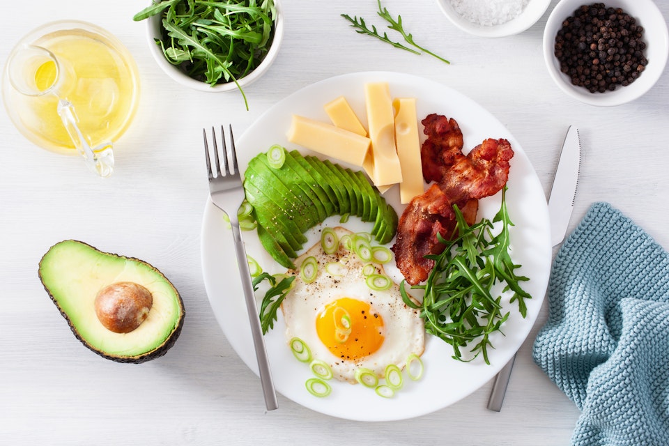 Healthy keto breakfast plate with egg, avocado, cheese, bacon