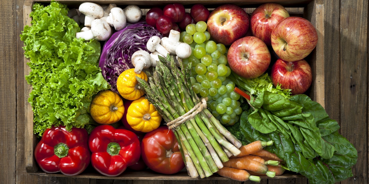 Crate of fruits and vegetables