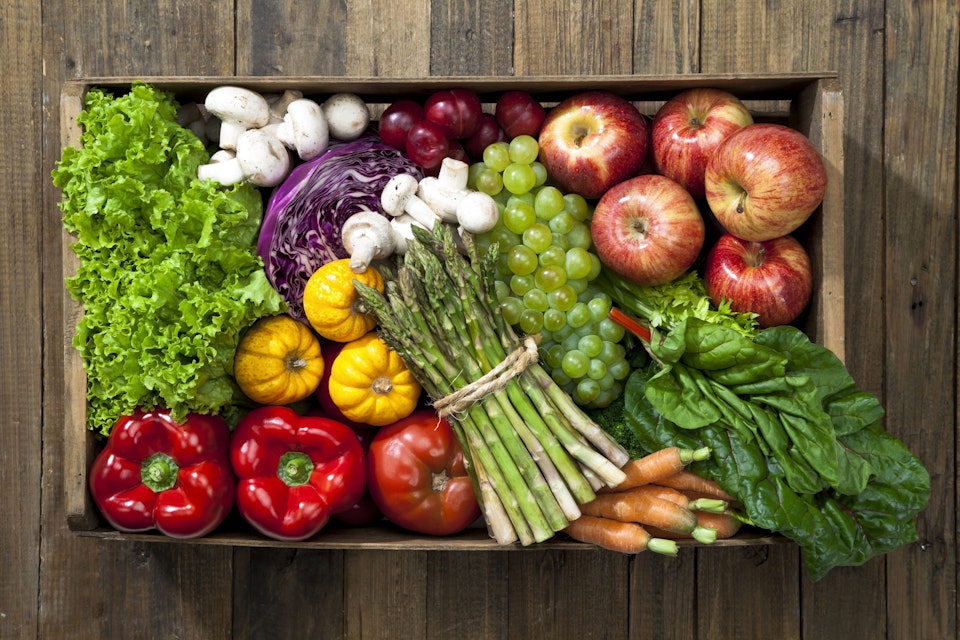 Crate of fruits and vegetables