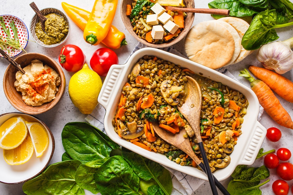 Healthy vegan meal with lentil curry on a table