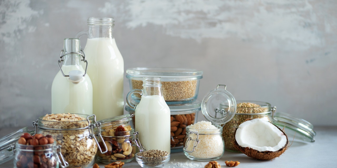 Plant-based milk and their ingredients, almonds, nuts, coconut and hemp seed