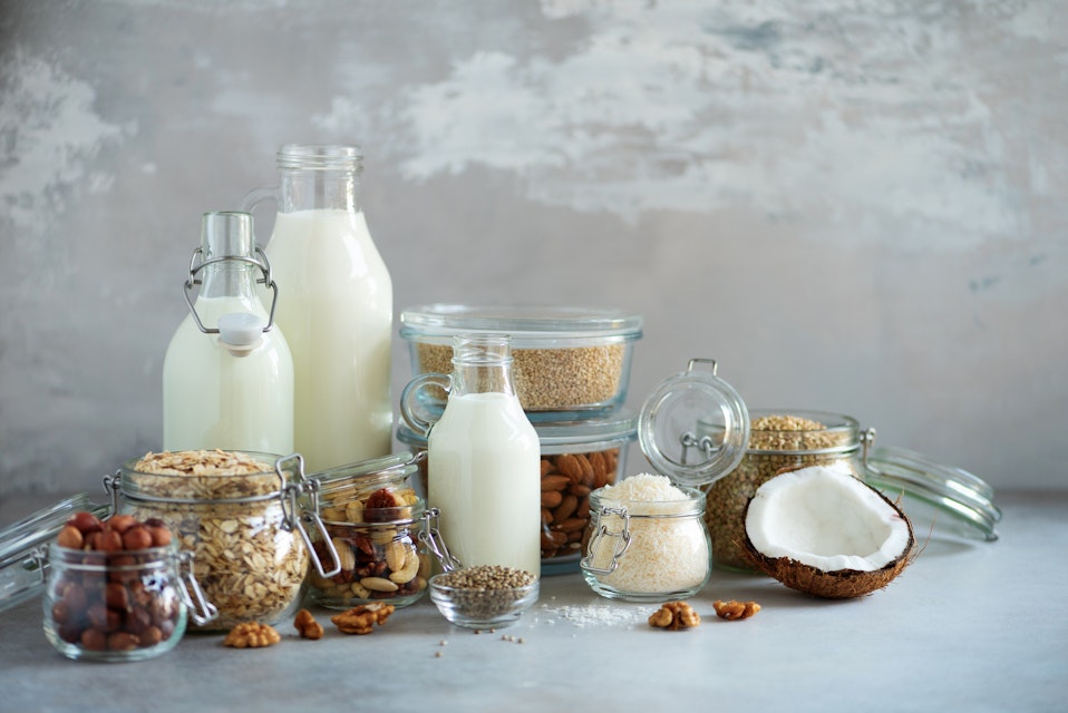 Plant-based milk and their ingredients, almonds, nuts, coconut and  hemp seed 