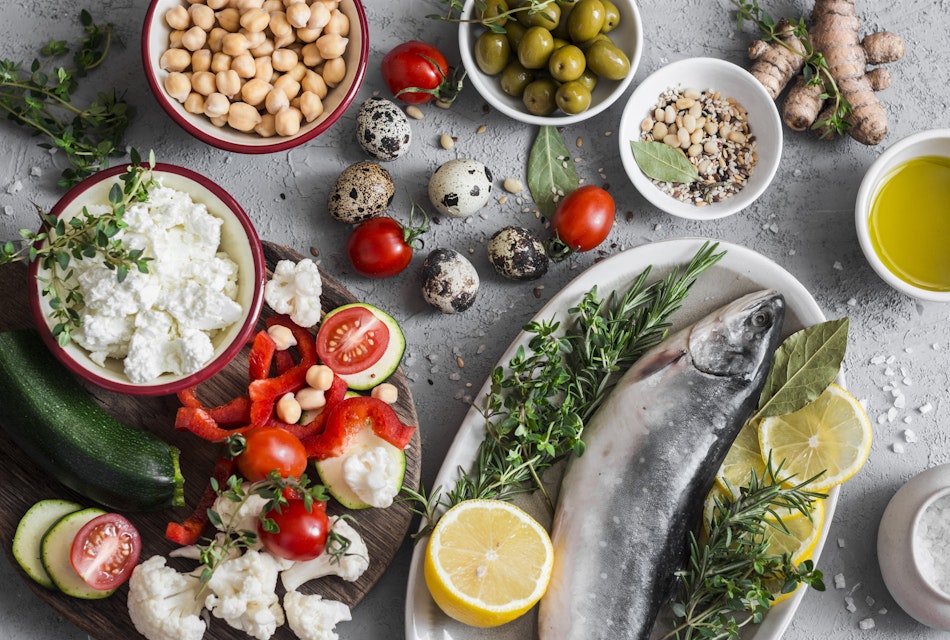 Mediterranean diet ingredients, such as fish, chickpeas and olives