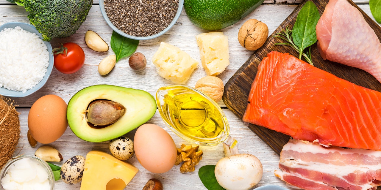 Ketogenic diet food, such as vegetables, fish, meat, cheese and nuts,