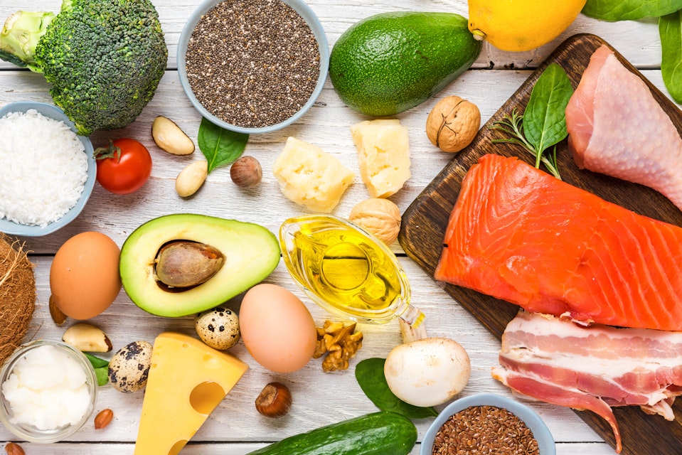 Ketogenic diet food, such as vegetables, fish, meat, cheese and nuts,