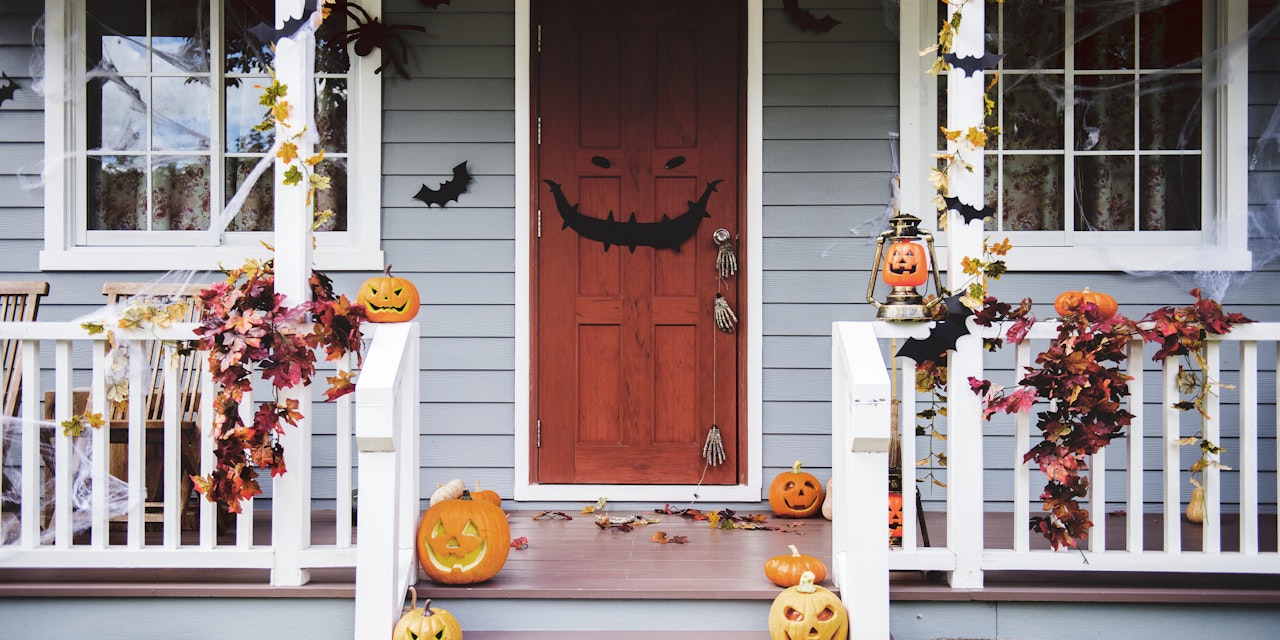 Halloween decorations adorn a porch