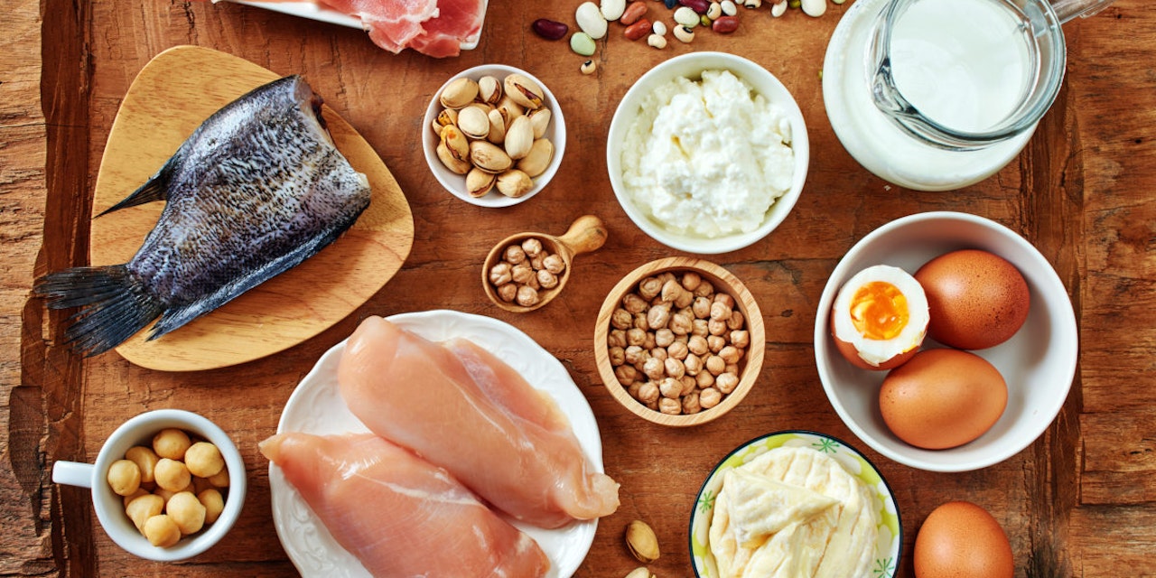 Variety of legumes, beans, meat, fish , eggs and diary