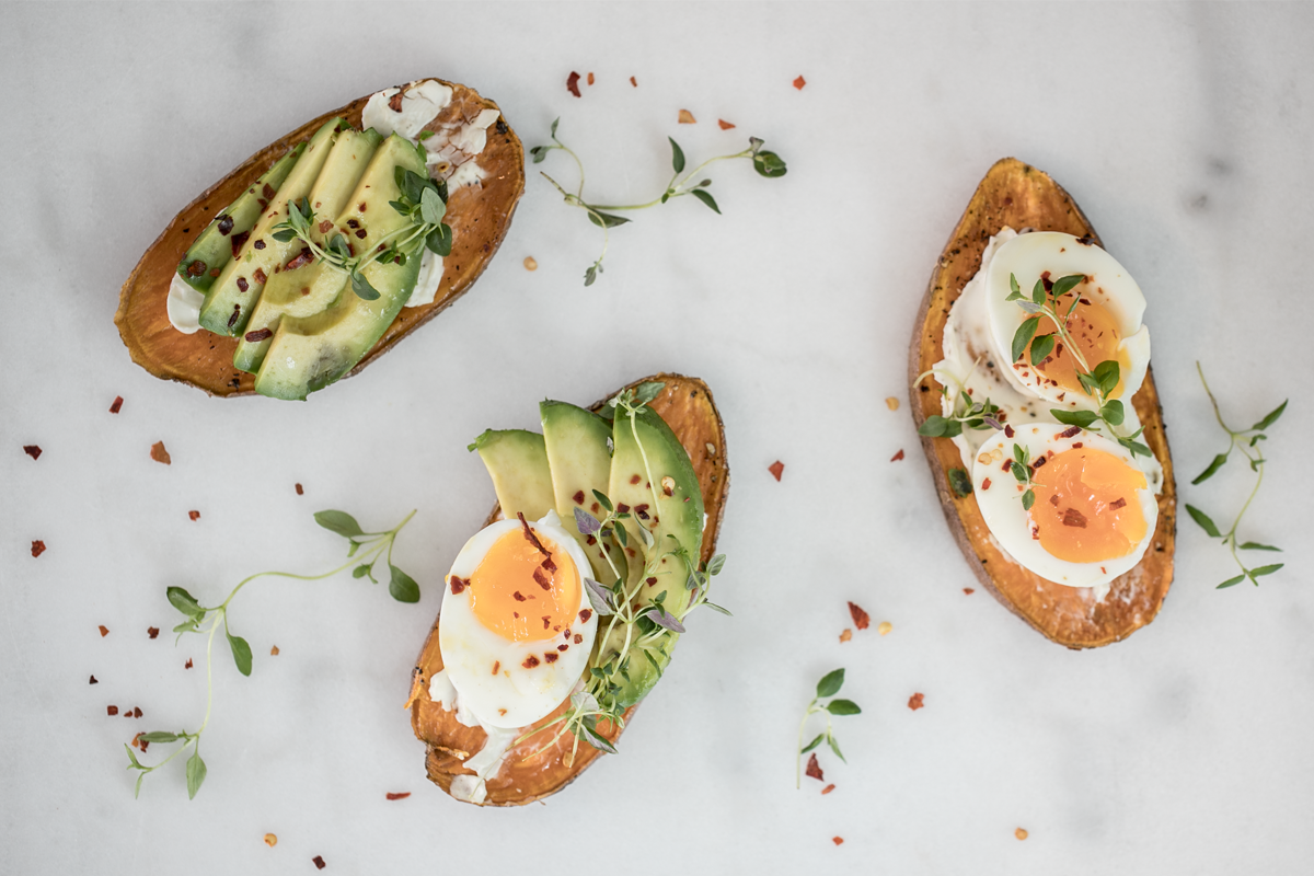Sweet potato toast with egg and avocado<!-- -->