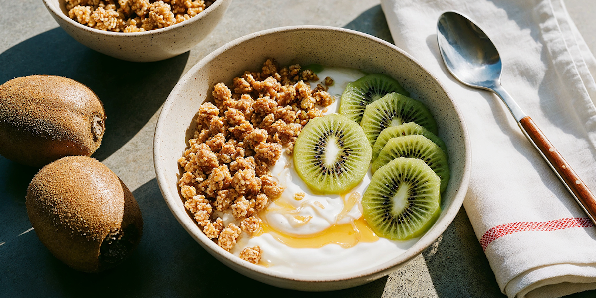 Kiwi mit Joghurt und Kardamom-Crumble