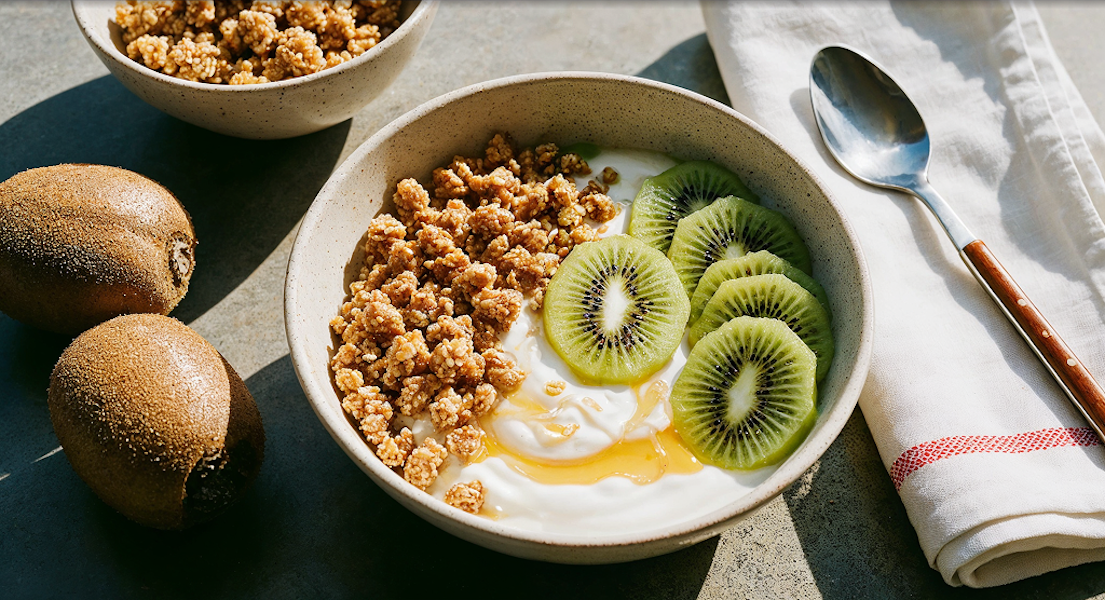 Kiwi mit Joghurt und Kardamom-Crumble