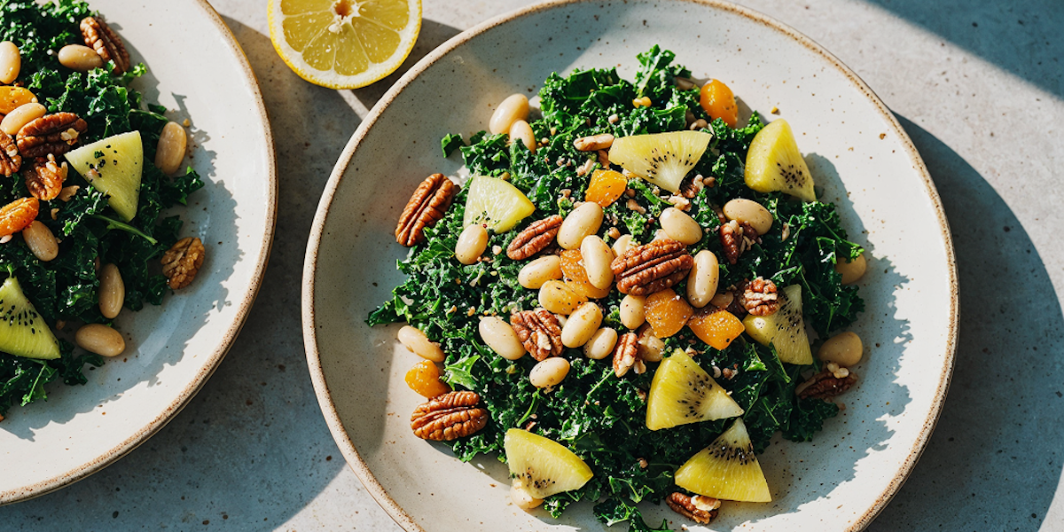Pikanter Grünkohl-Bohnen-Salat mit Kiwi, Pekannüssen und getrockneten Aprikosen