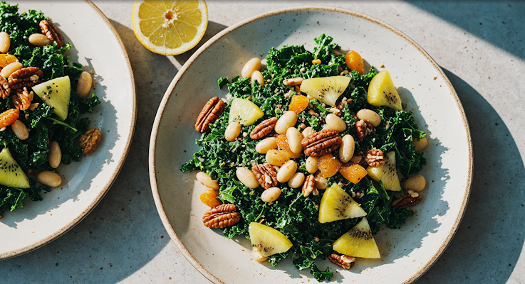 Pikanter Grünkohl-Bohnen-Salat mit Kiwi, Pekannüssen und getrockneten Aprikosen