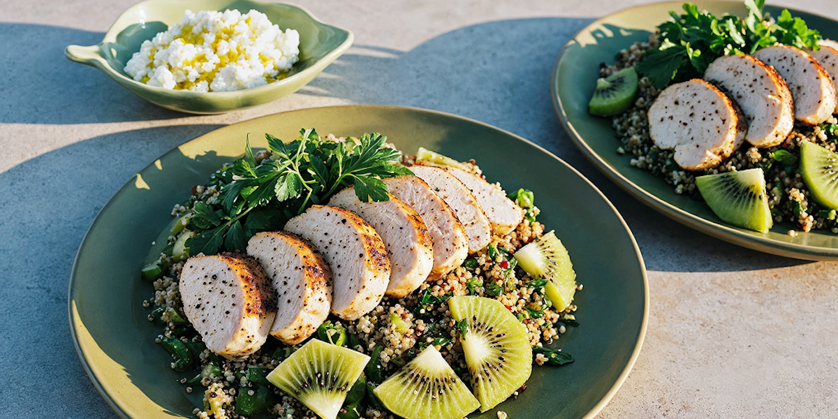 Quinoa-Salat mit Kiwi, Hähnchen und Feta-Käse-Creme