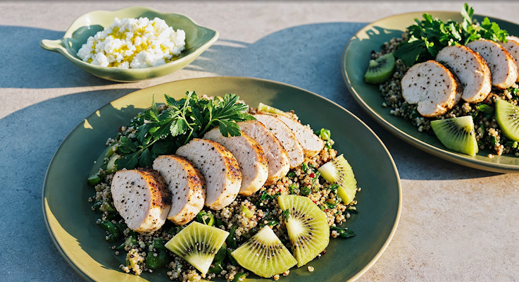 Quinoa-Salat mit Kiwi, Hähnchen und Feta-Käse-Creme