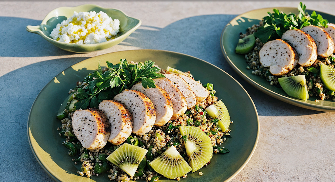 Quinoa-Salat mit Kiwi, Hähnchen und Feta-Käse-Creme