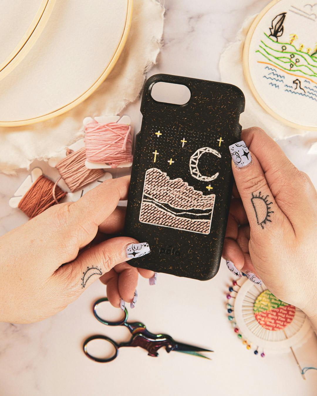 Biodegradable eco-friendly Pela Stitch phone case with embroidered night sky