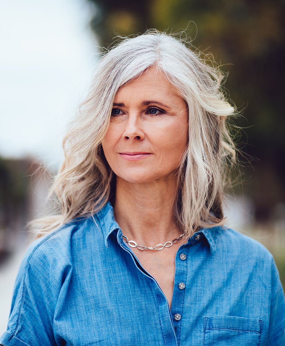 Older woman with long grey hair