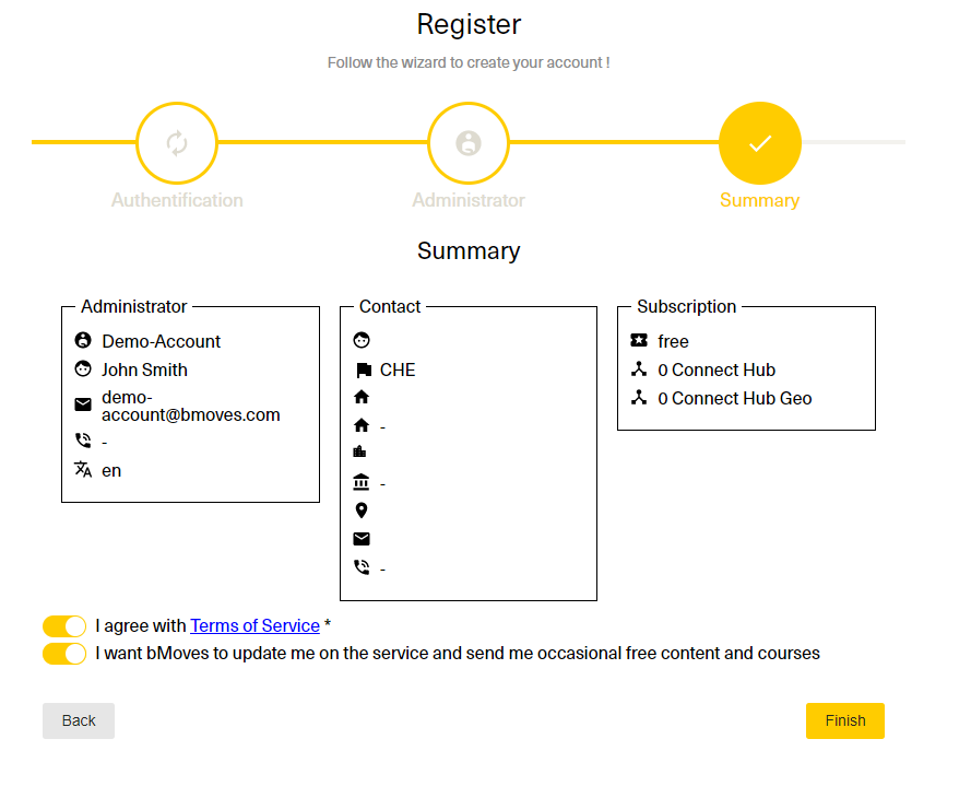 Summary of the created account