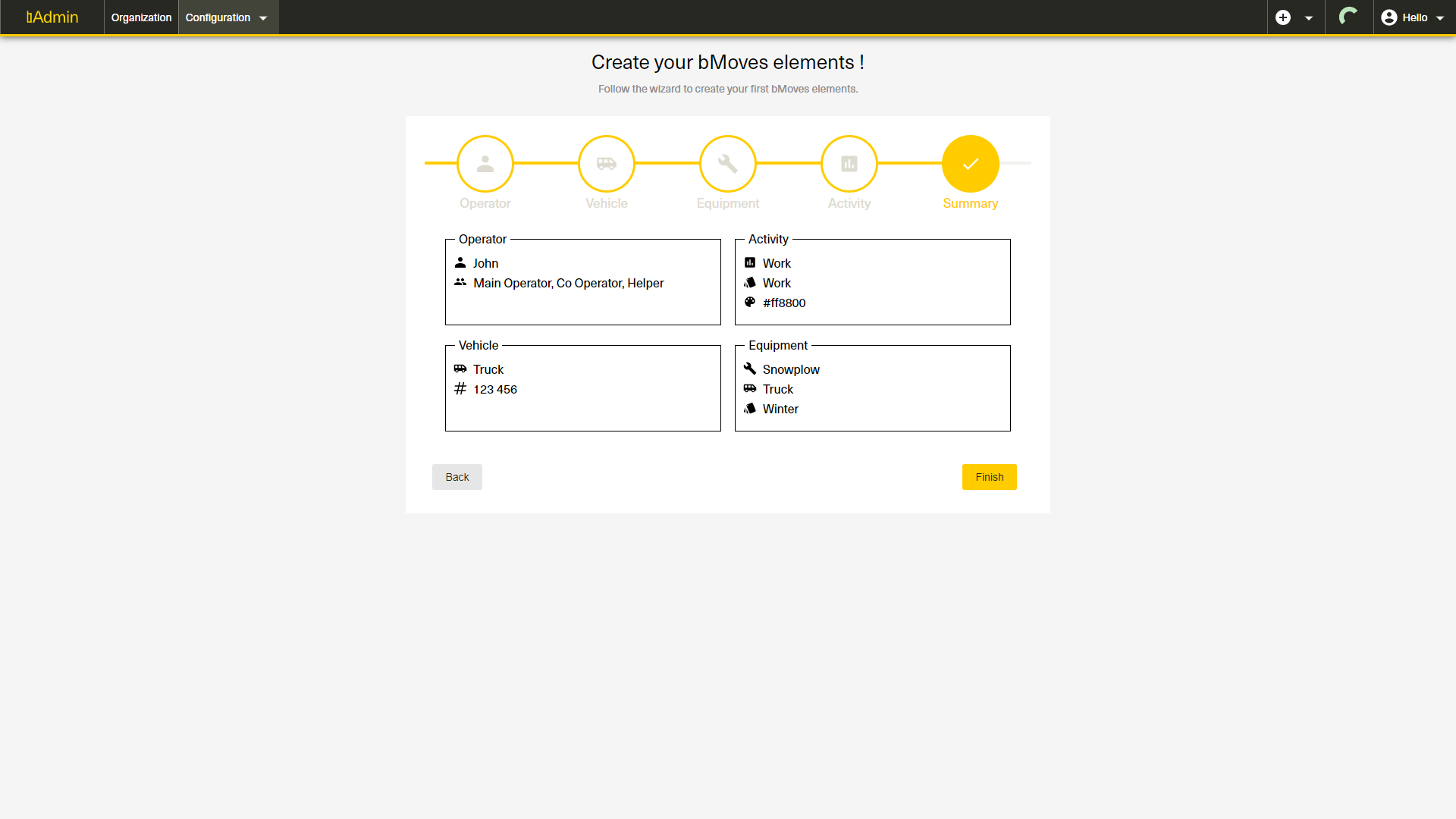 bAdmin - bMoves element creation summary